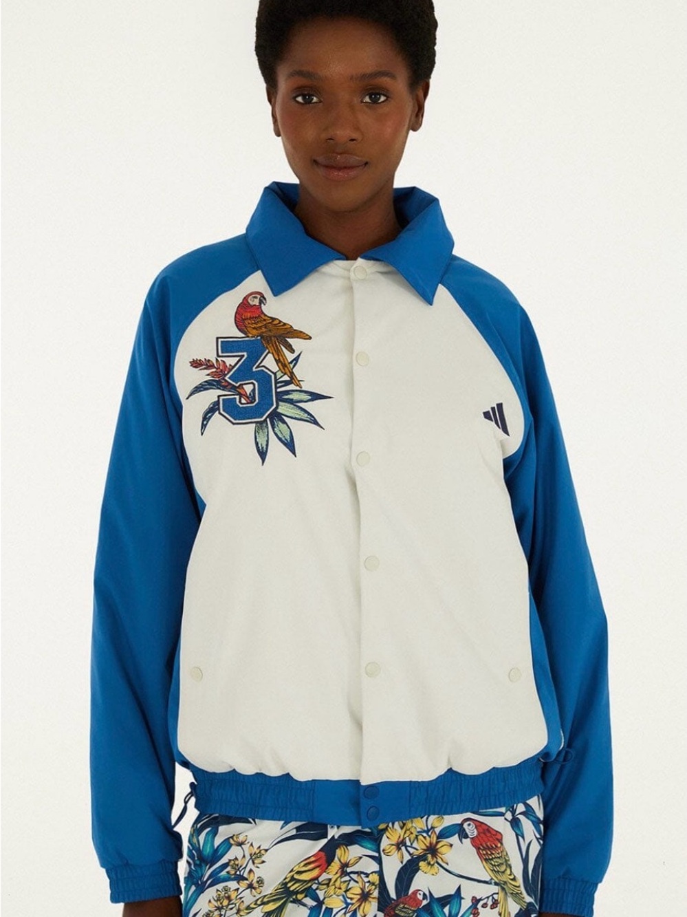 NWT FARM Rio Adidas Collab Blue and White Puffer Jacket with Parrot Patch